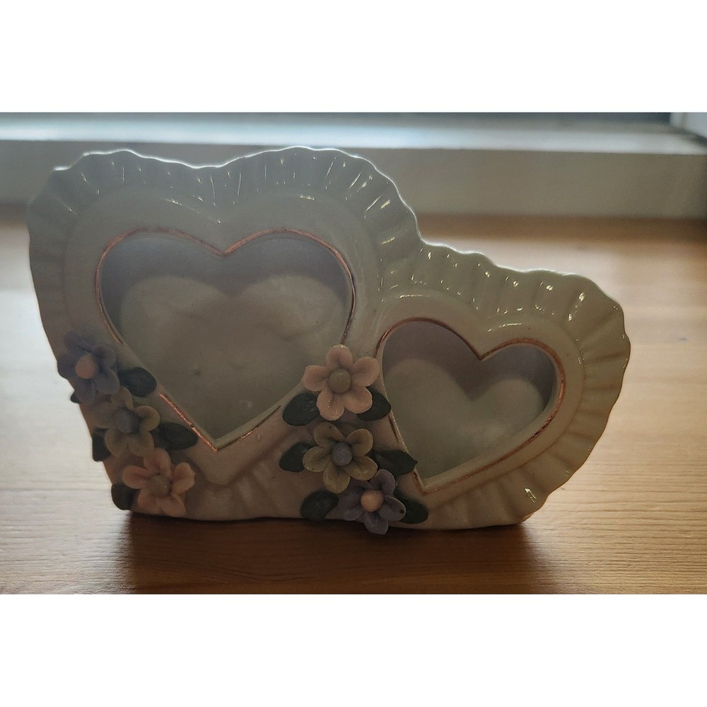 Vintage Double Heart Ceramic Picture Frame with Floral Accents Wedding